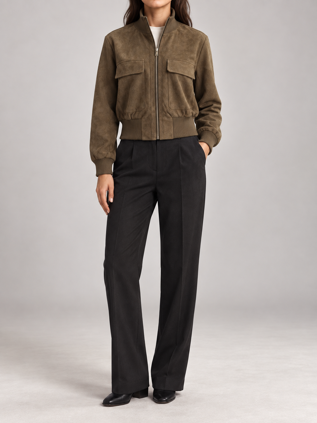 Women's Suede Bomber Jacket | Stand Collar Zip Up Coat
