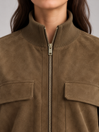Women's Suede Bomber Jacket | Stand Collar Zip Up Coat