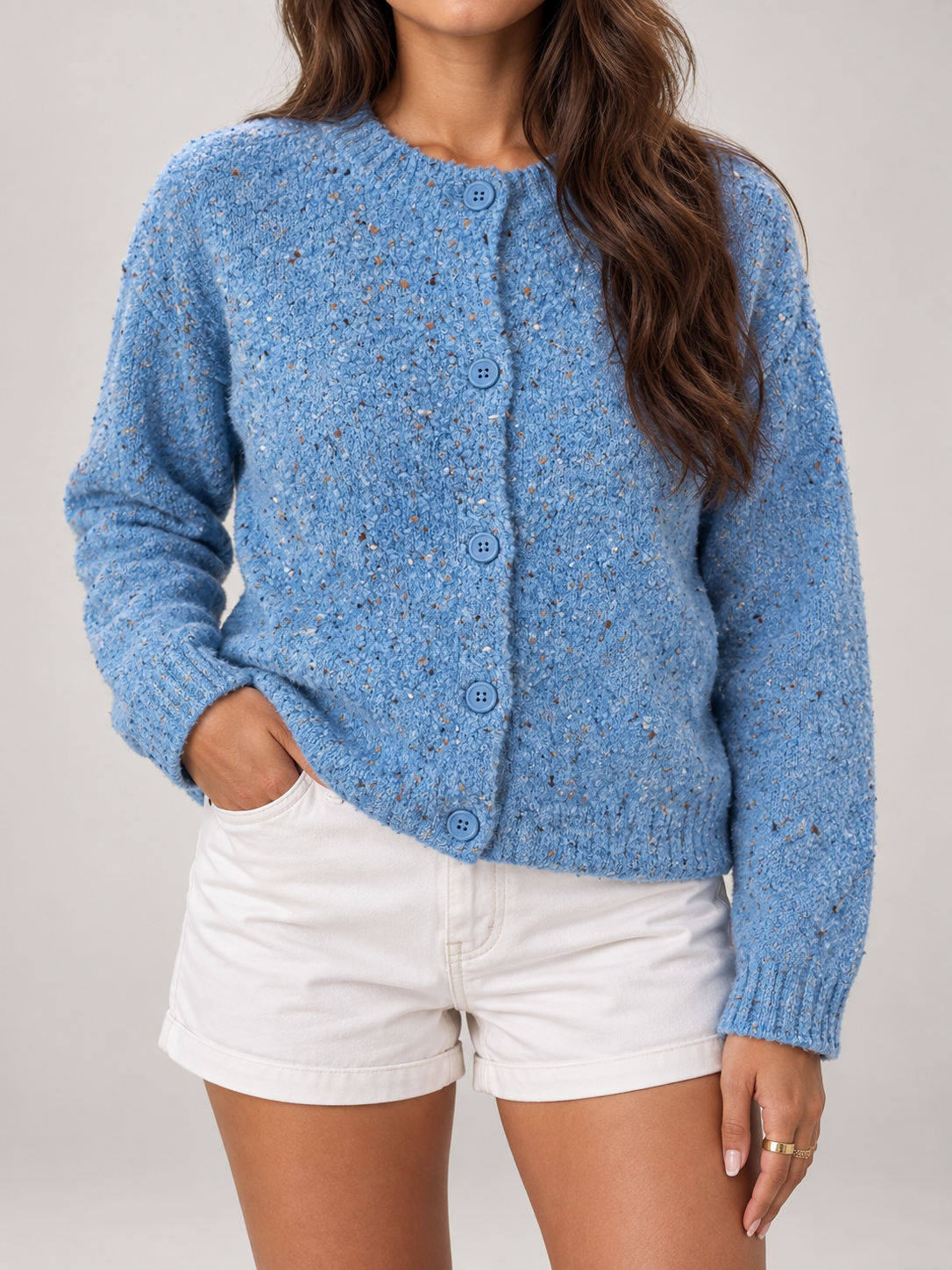 Women's Speckled Knit Cardigan | Round Neck Button Front