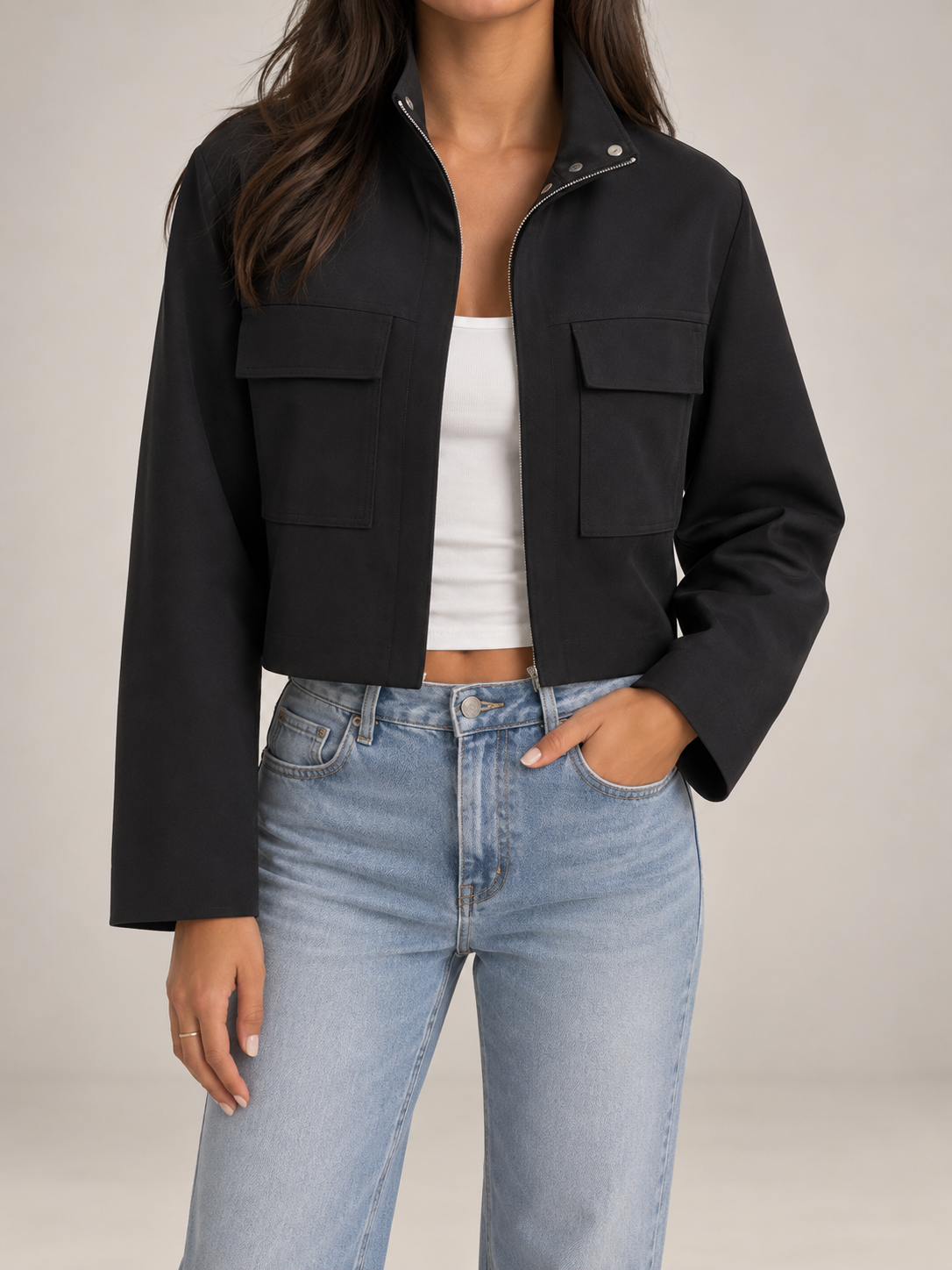 Women's Cropped Utility Jacket | Stand Collar Patch Pocket Coat