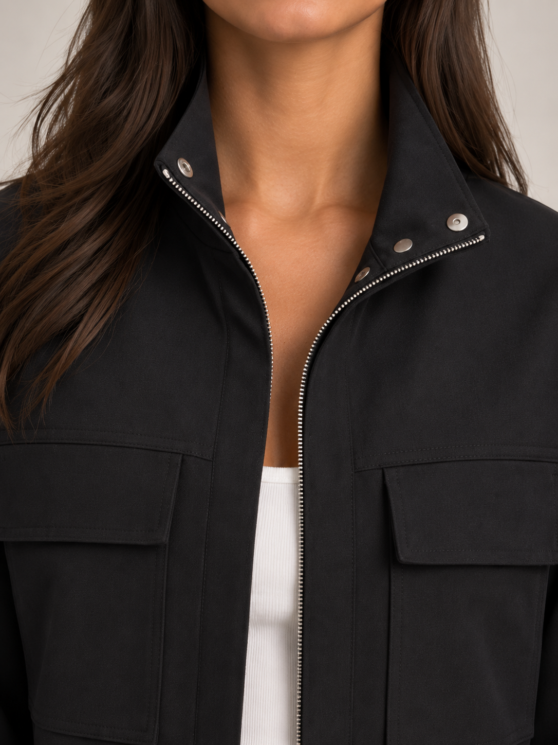 Women's Cropped Utility Jacket | Stand Collar Patch Pocket Coat