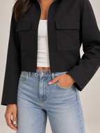 Women's Cropped Utility Jacket | Stand Collar Patch Pocket Coat