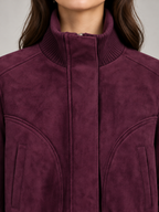 Women's Suede Cropped Bomber Jacket | Zip Up Stand Collar