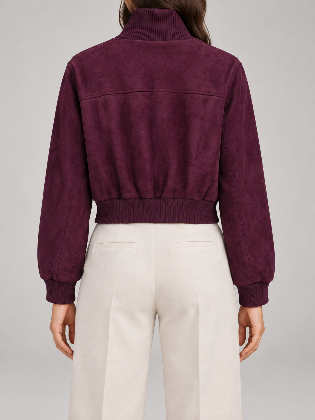 Women's Suede Cropped Bomber Jacket | Zip Up Stand Collar