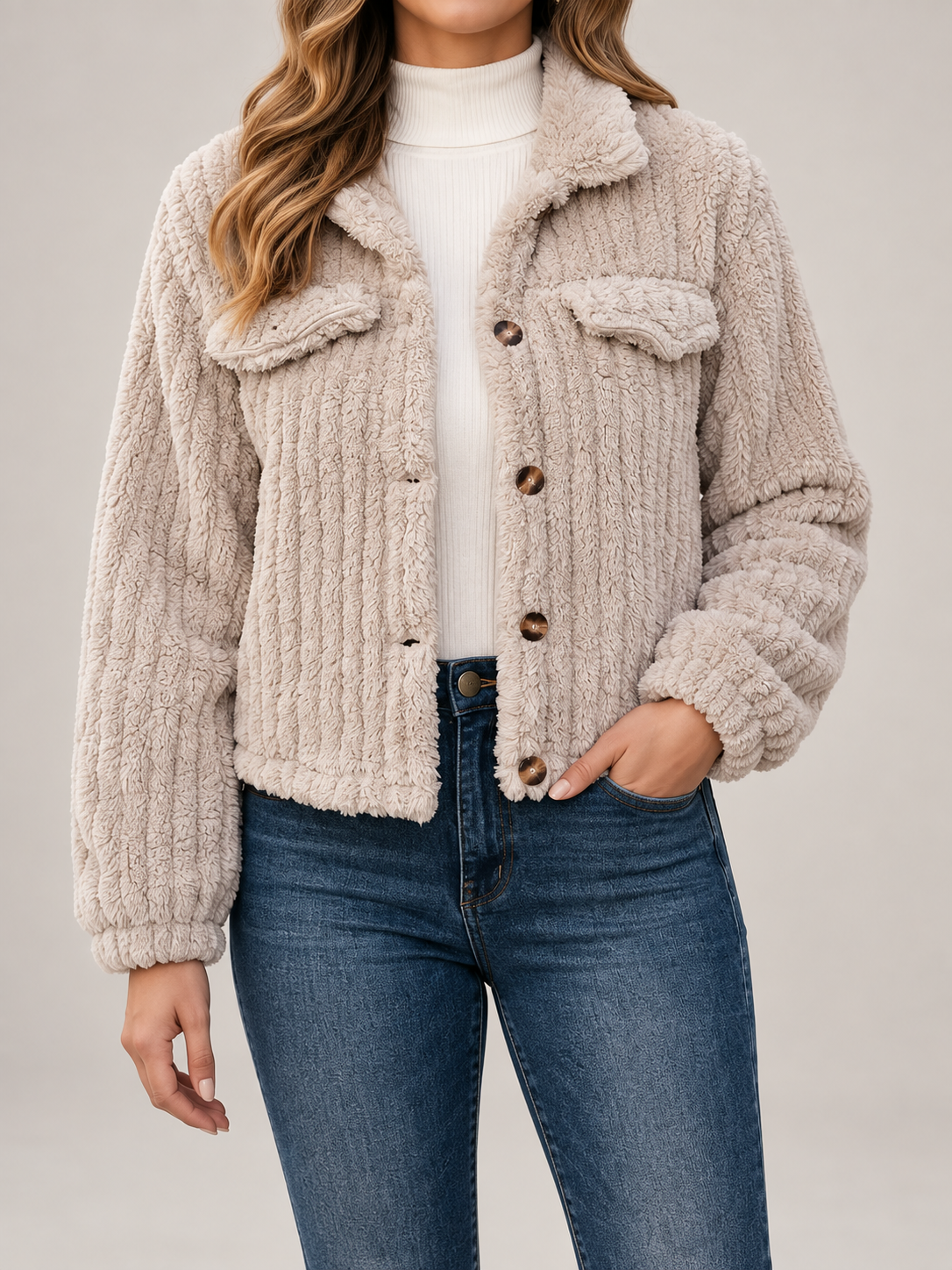 Women's Ribbed Teddy Jacket | Button Front Fleece Trucker Coat