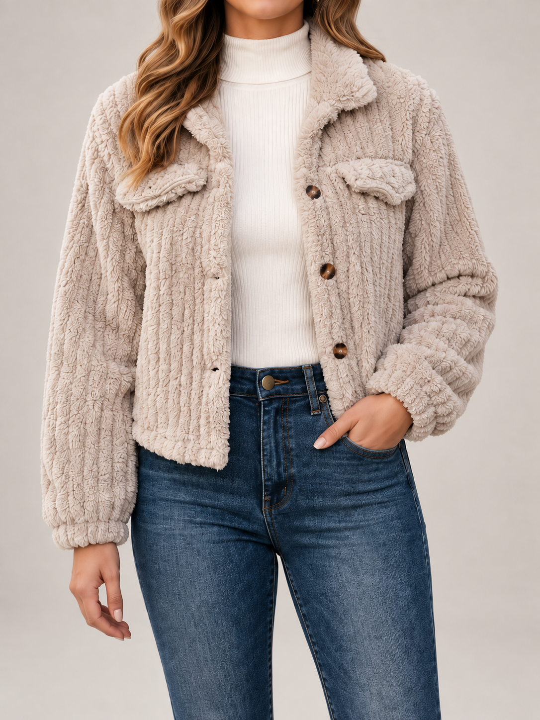 Women's Ribbed Teddy Jacket | Button Front Fleece Trucker Coat