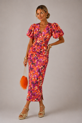 Puff Sleeve Midi Dress Ruched V Neck Wedding Guest