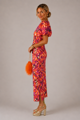 Puff Sleeve Midi Dress Ruched V Neck Wedding Guest