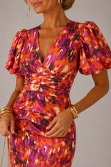 Puff Sleeve Midi Dress Ruched V Neck Wedding Guest