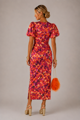 Puff Sleeve Midi Dress Ruched V Neck Wedding Guest