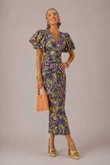Puff Sleeve Midi Dress Ruched V Neck Wedding Guest