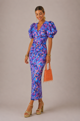Puff Sleeve Midi Dress Ruched V Neck Wedding Guest