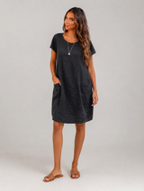Linen Short Sleeve Pocket Midi Dress Summer Women