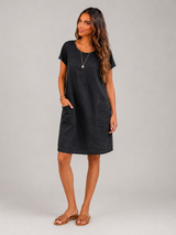 Linen Short Sleeve Pocket Midi Dress Summer Women
