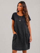 Linen Short Sleeve Pocket Midi Dress Summer Women