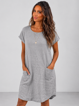 Linen Short Sleeve Pocket Midi Dress Summer Women