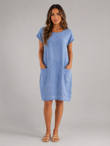 Linen Short Sleeve Pocket Midi Dress Summer Women