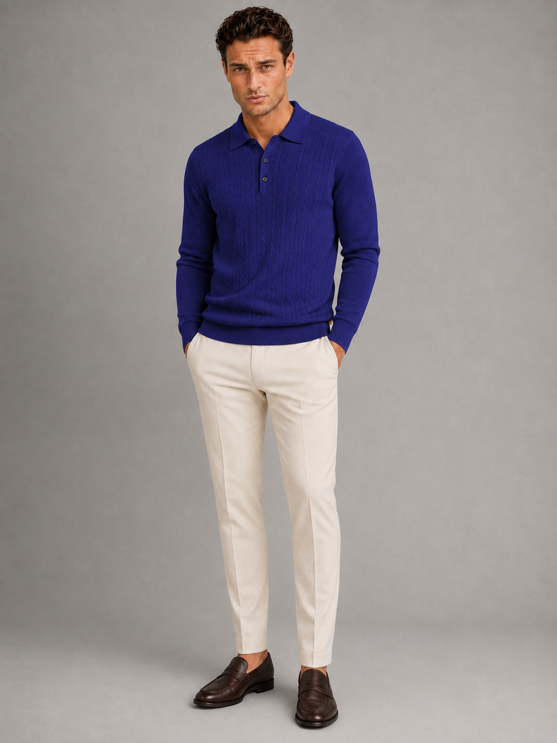 Men's Cable Knit Long-Sleeve Polo Sweater