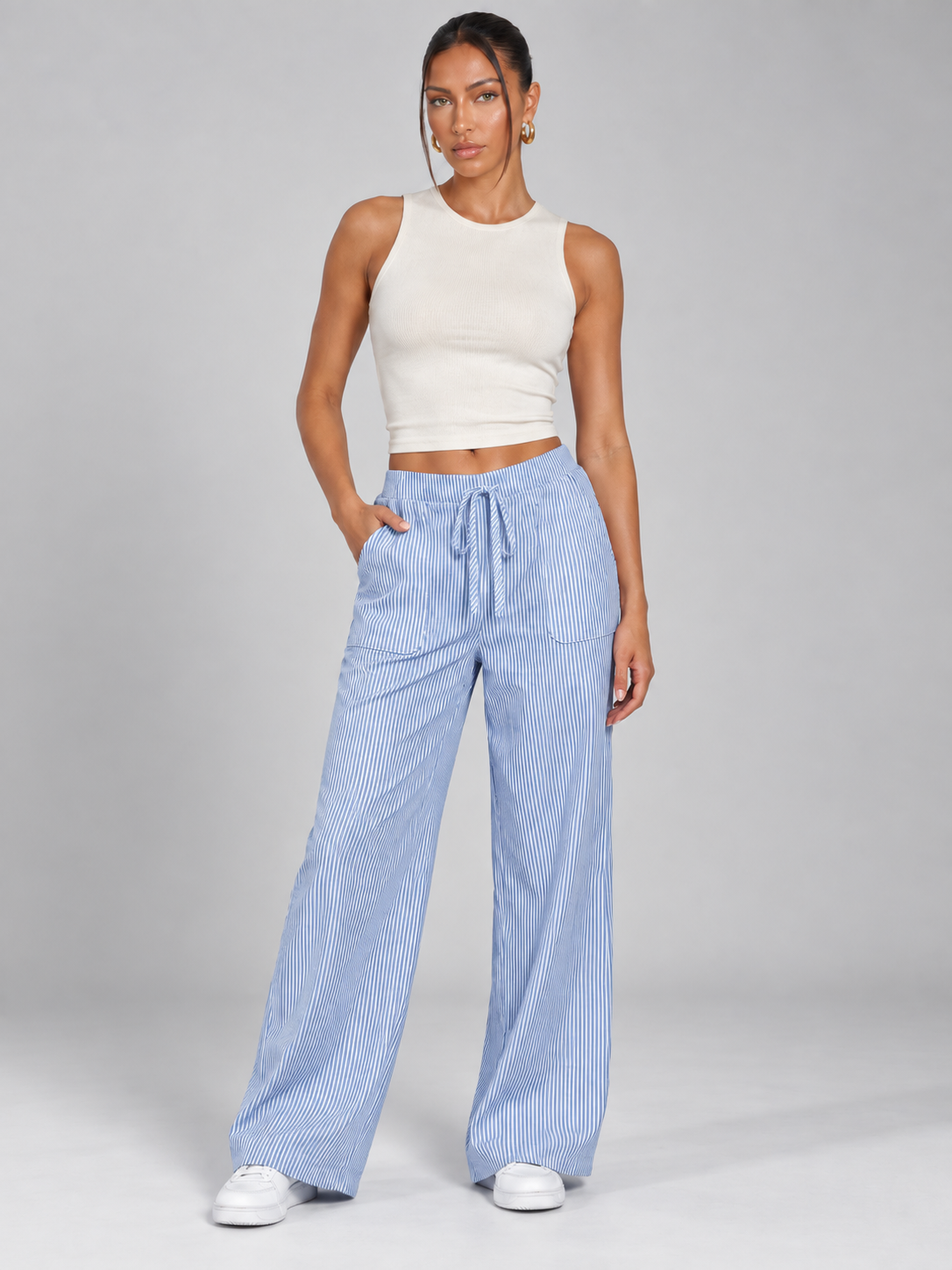 Women's Striped Wide-Leg Lounge Trousers | Drawstring Waist