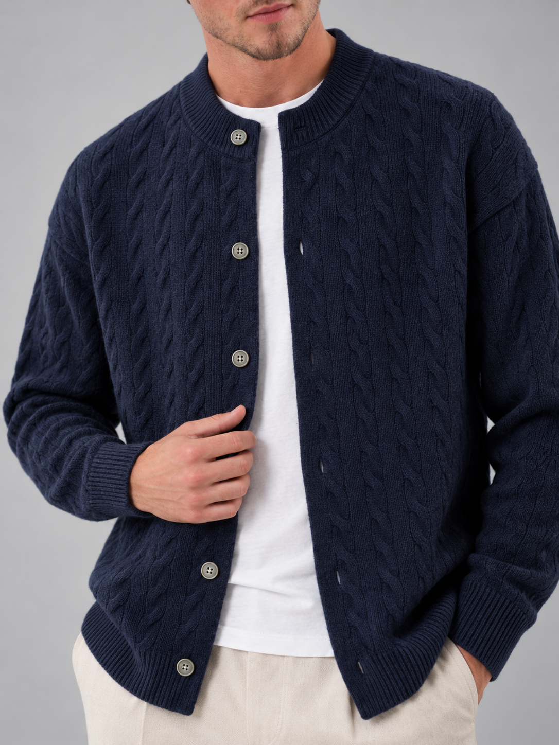 Men's Cable Knit Cardigan | Button Front Bomber Collar Sweater