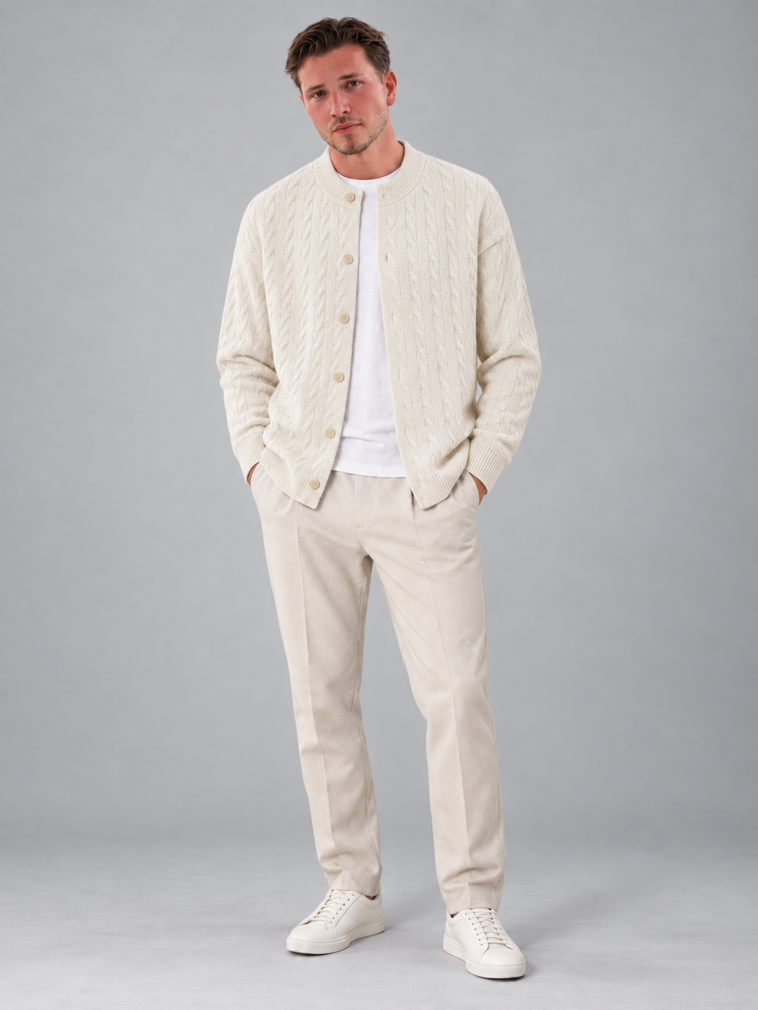 Men's Cable Knit Cardigan | Button Front Bomber Collar Sweater