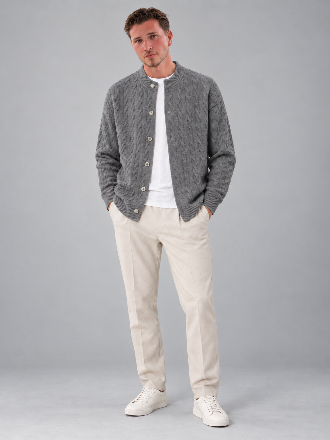 Men's Cable Knit Cardigan | Button Front Bomber Collar Sweater