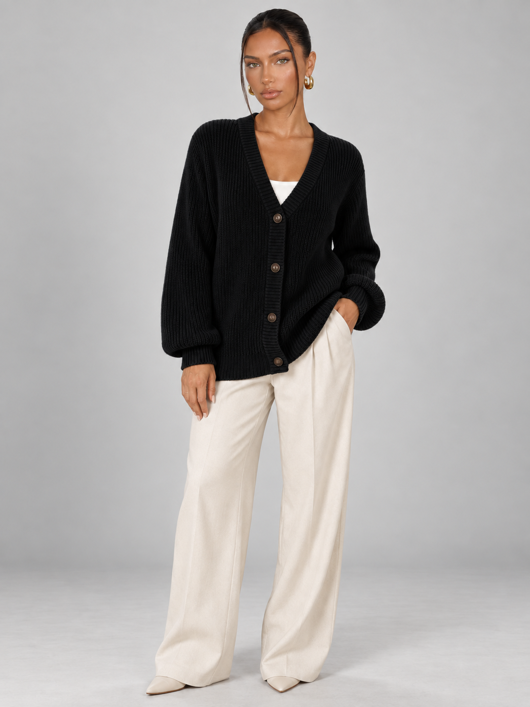 Women's V-Neck Knit Cardigan | Button Front Long Sleeve