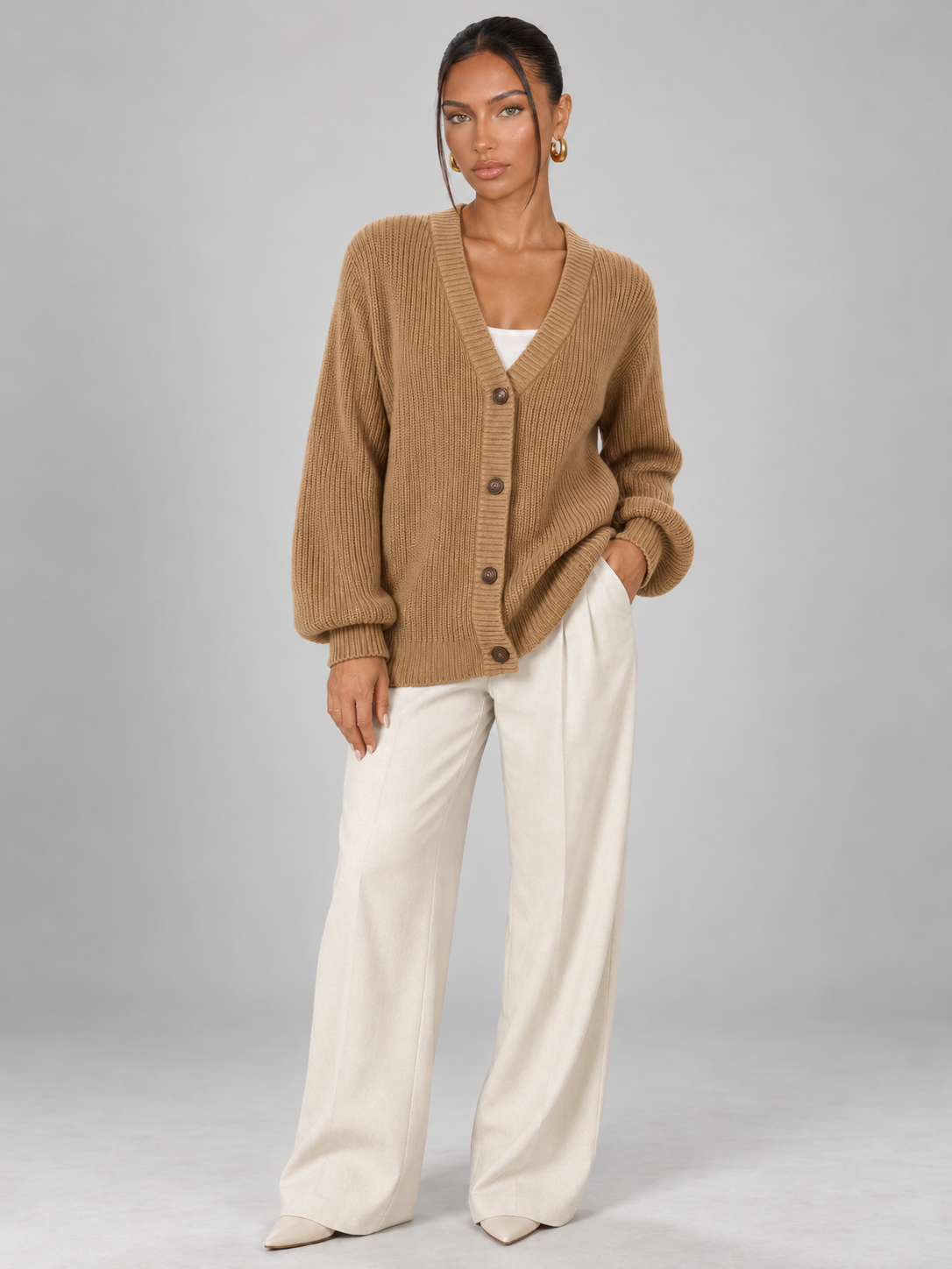 Women's V-Neck Knit Cardigan | Button Front Long Sleeve