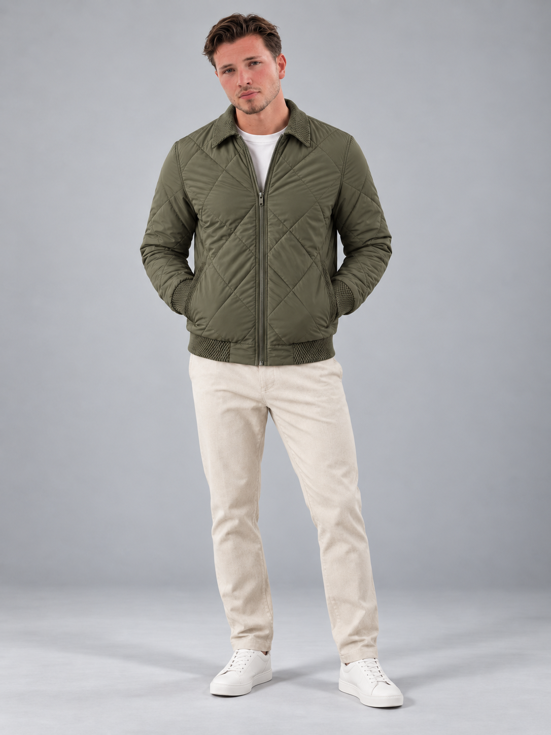 Men's Quilted Bomber Jacket | Zip-Up Collared Casual Jacket