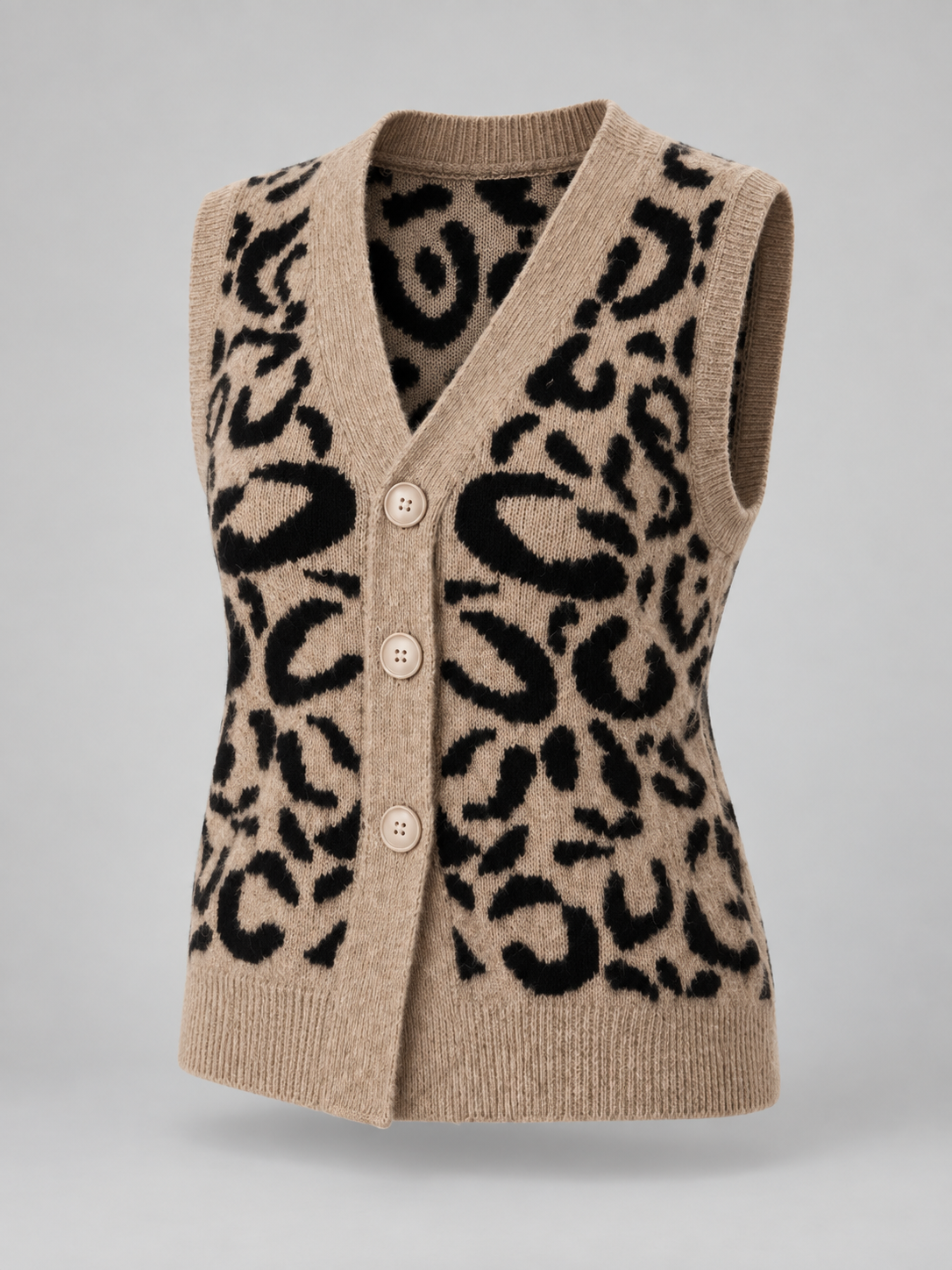 Women's Leopard Knit Vest | Button Front Sleeveless Sweater