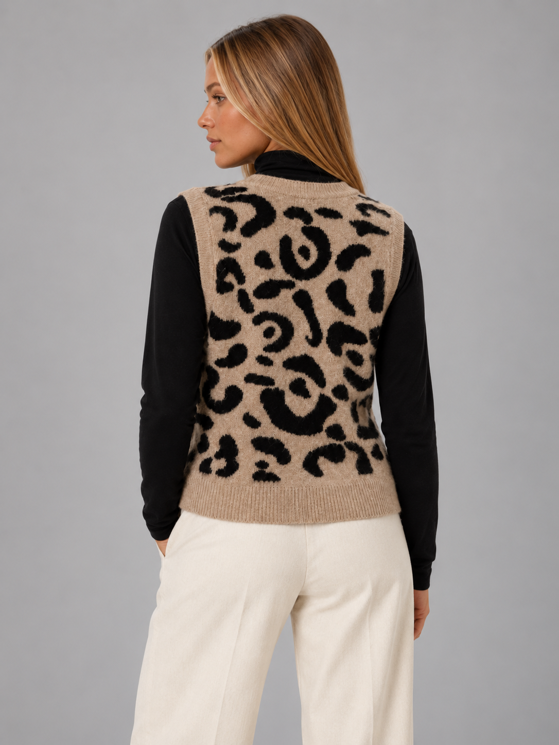 Women's Leopard Knit Vest | Button Front Sleeveless Sweater
