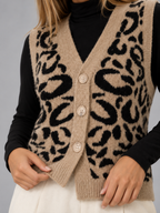 Women's Leopard Knit Vest | Button Front Sleeveless Sweater