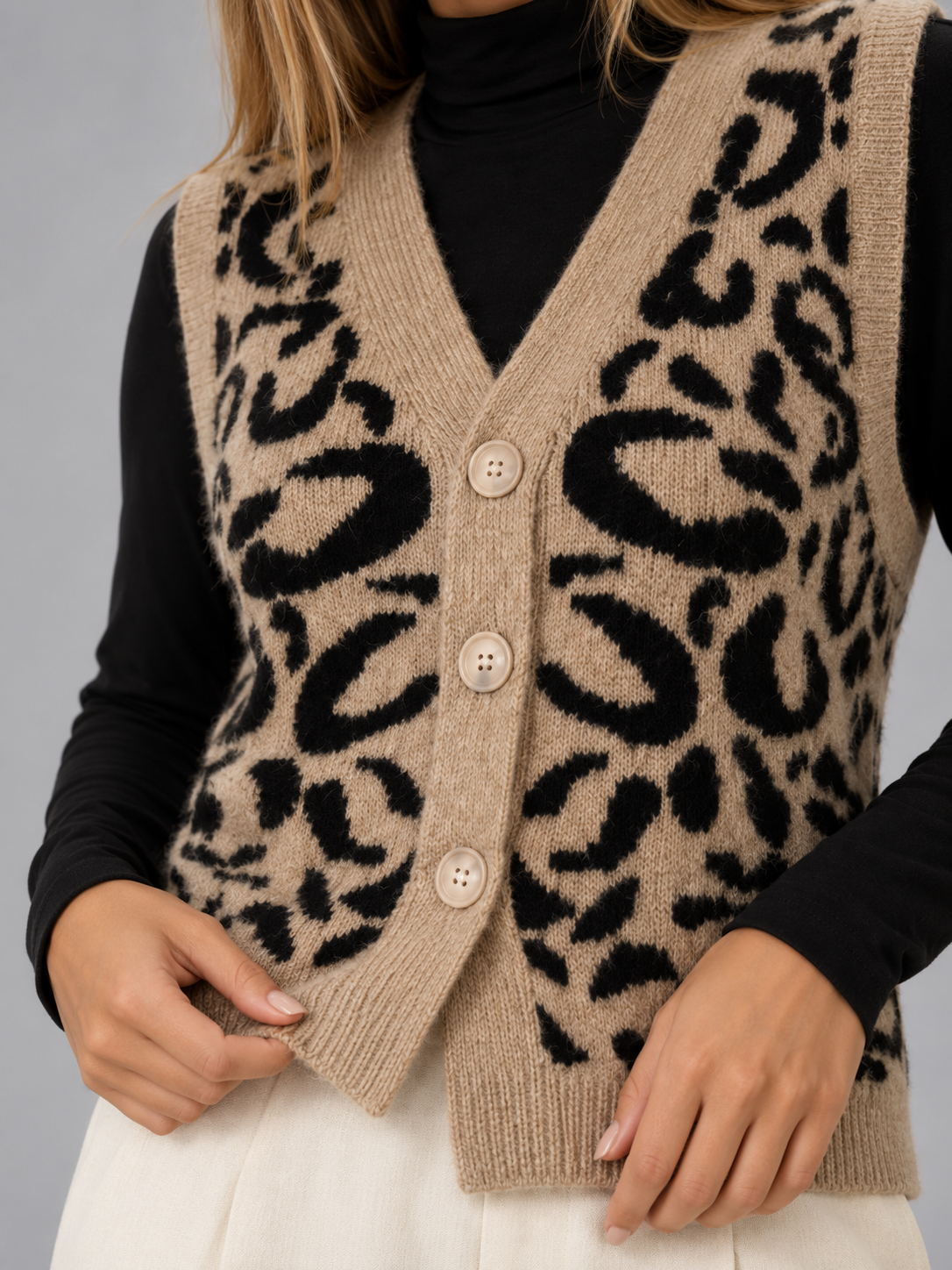 Women's Leopard Knit Vest | Button Front Sleeveless Sweater