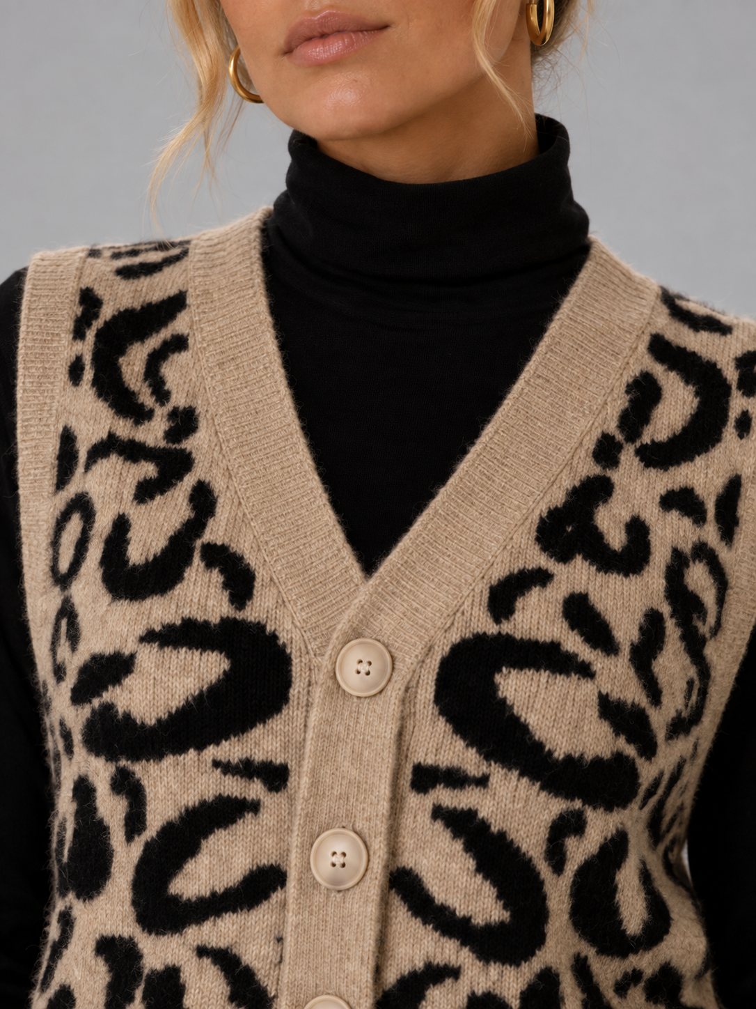 Women's Leopard Knit Vest | Button Front Sleeveless Sweater