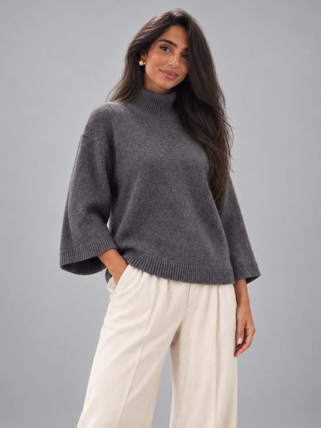 Women's Chunky Knit Jumper | Mock Neck Oversized Wide Sleeve