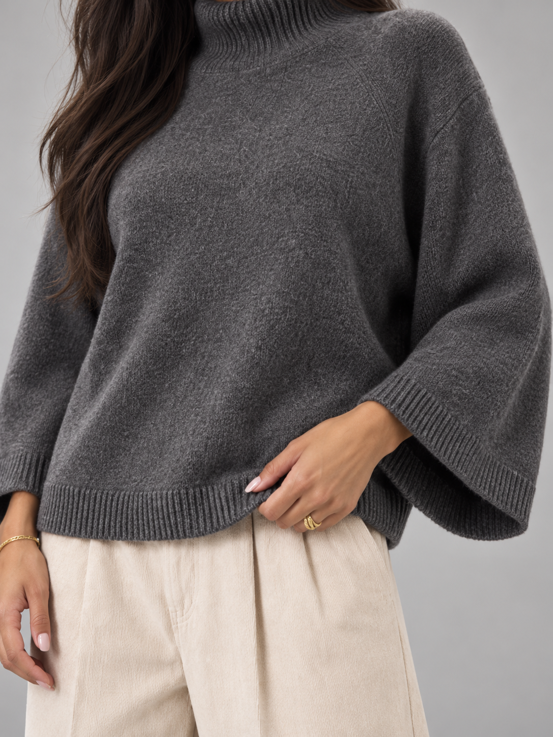 Women's Chunky Knit Jumper | Mock Neck Oversized Wide Sleeve