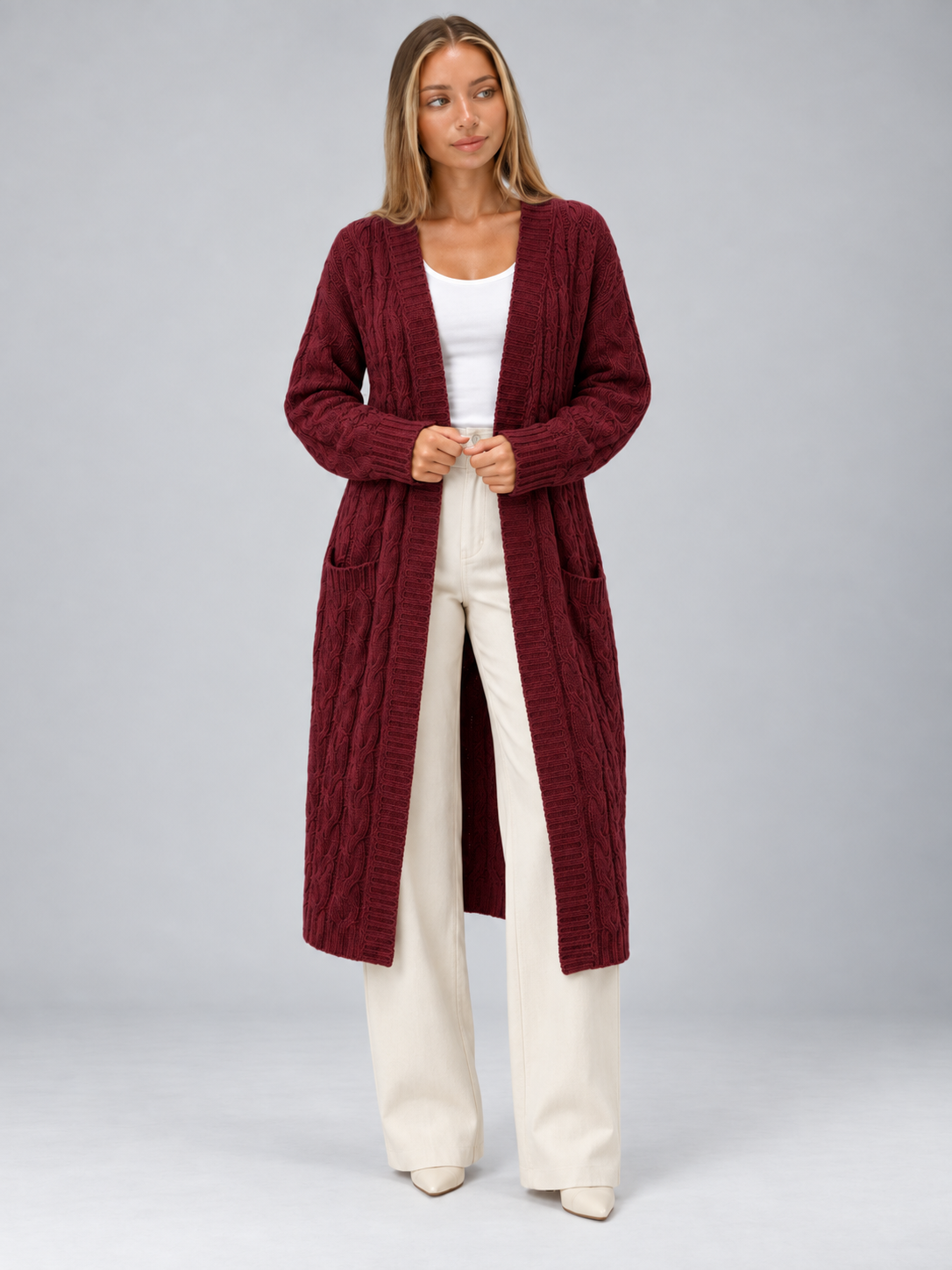 Women's Longline Cable Knit Cardigan | Open Front Duster