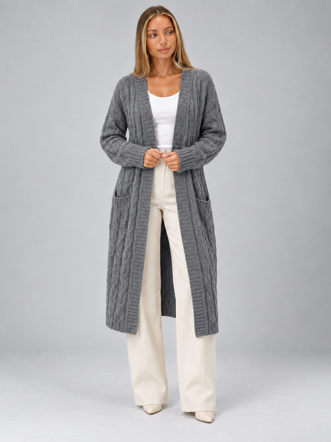 Women's Longline Cable Knit Cardigan | Open Front Duster