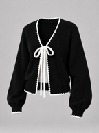 Women's Scalloped Trim Cardigan | Bow Front Contrast Knit