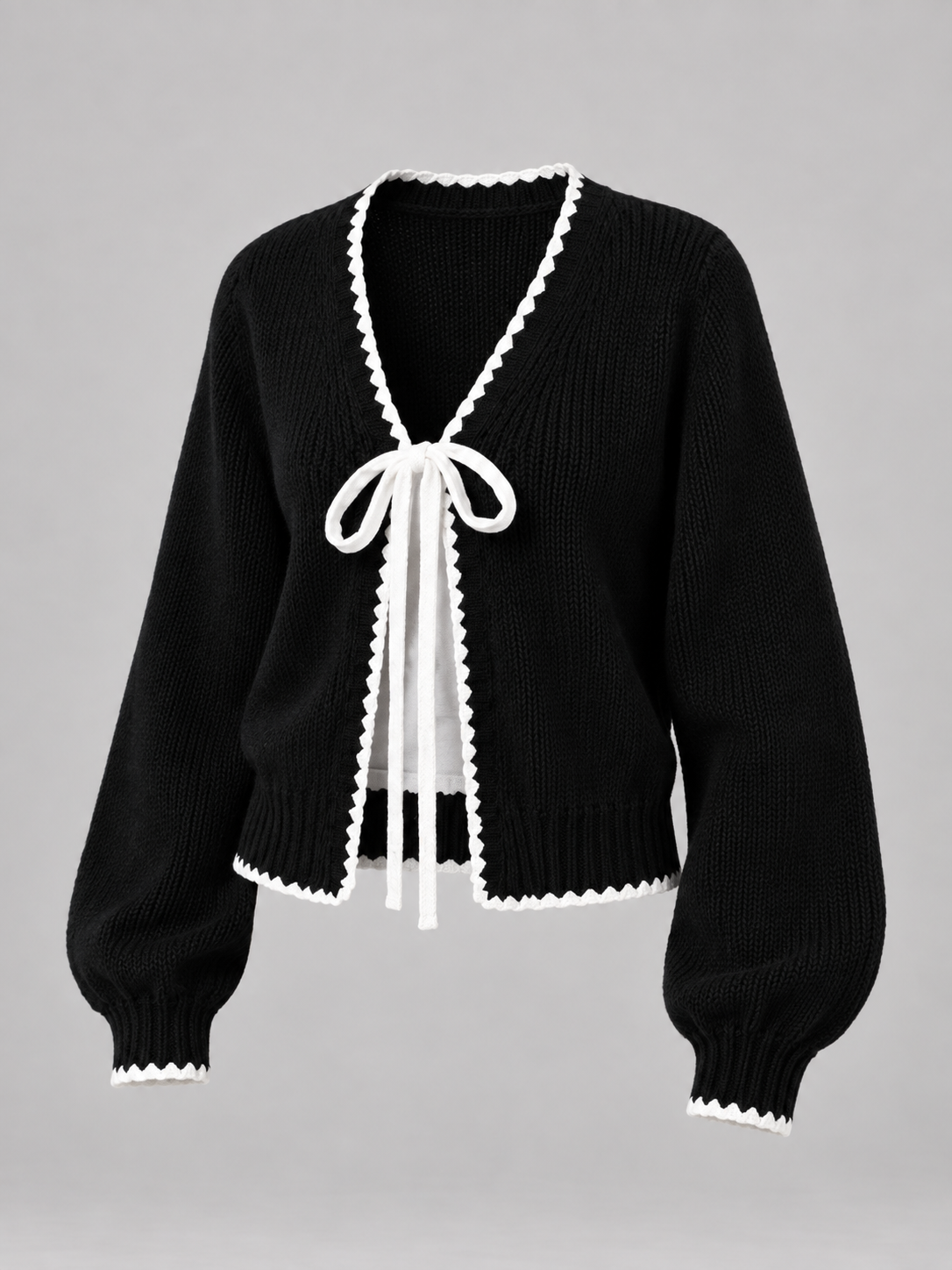 Women's Scalloped Trim Cardigan | Bow Front Contrast Knit