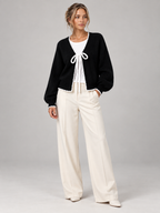 Women's Scalloped Trim Cardigan | Bow Front Contrast Knit