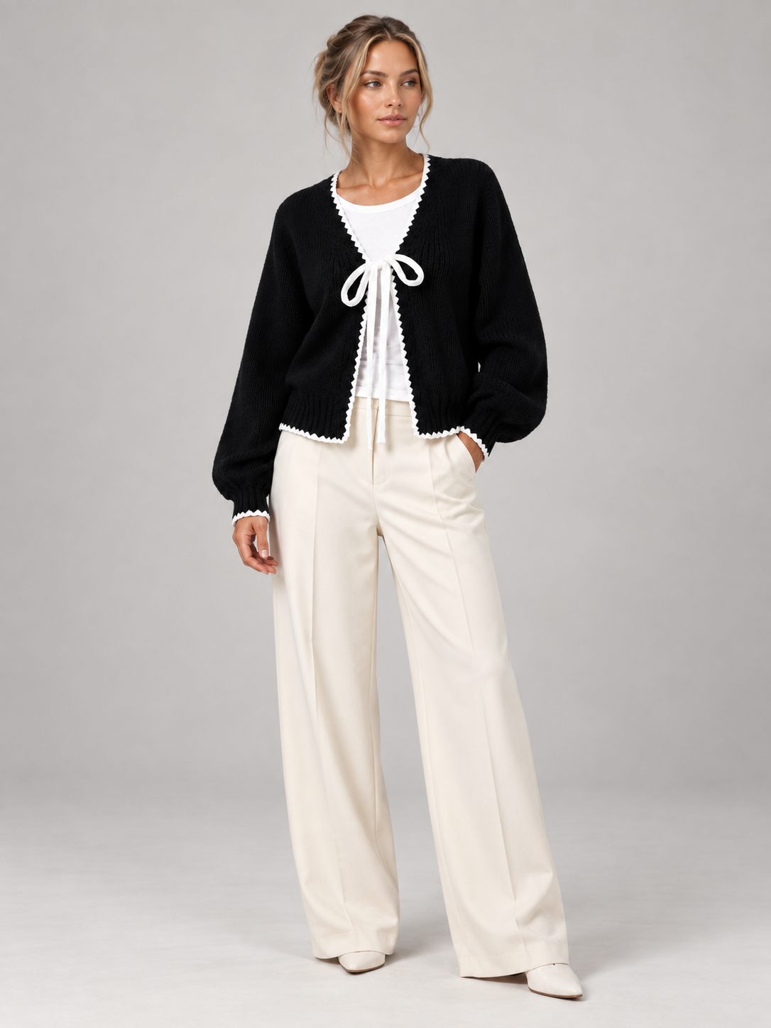 Women's Scalloped Trim Cardigan | Bow Front Contrast Knit