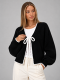 Women's Scalloped Trim Cardigan | Bow Front Contrast Knit