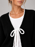 Women's Scalloped Trim Cardigan | Bow Front Contrast Knit