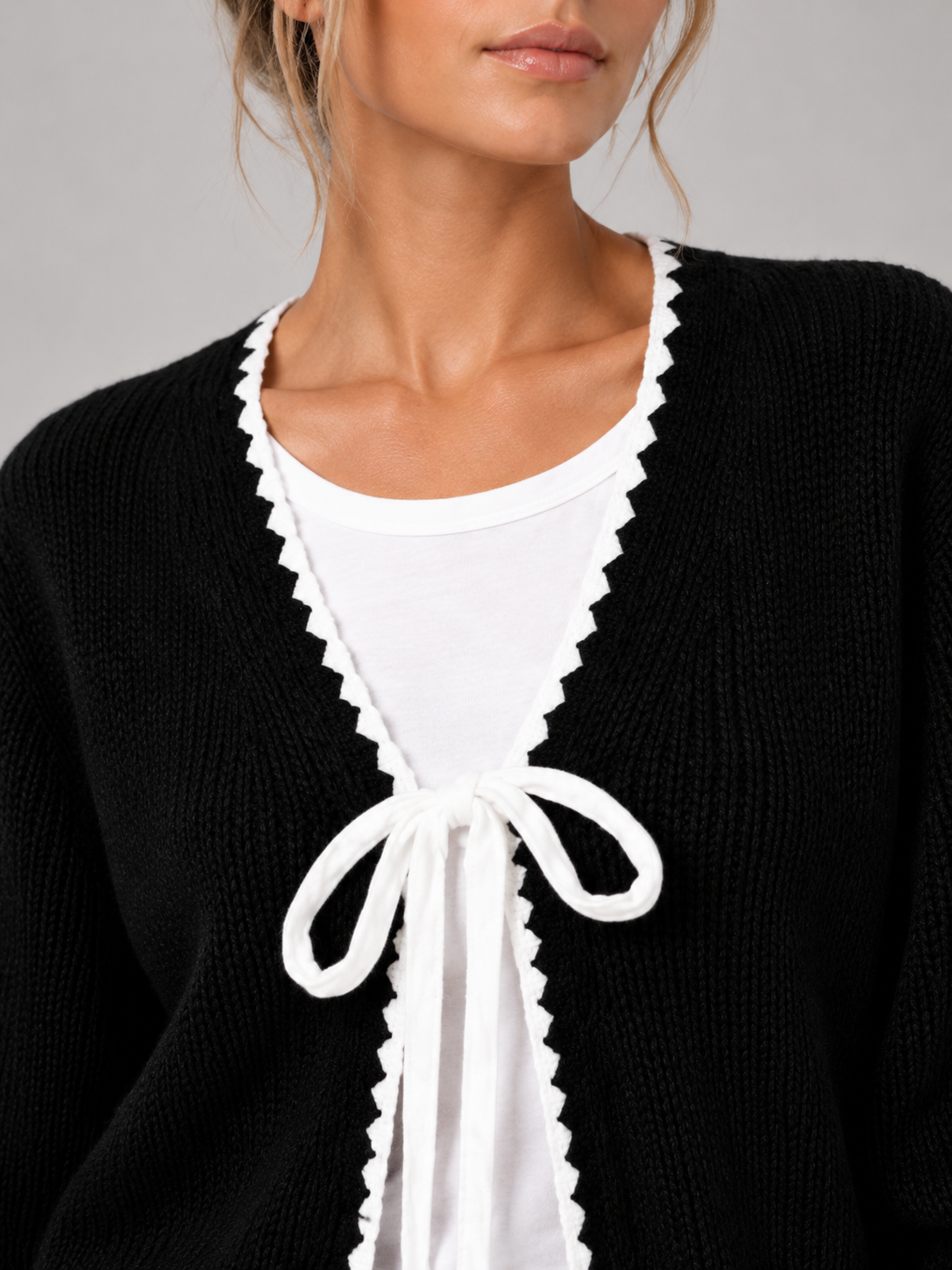 Women's Scalloped Trim Cardigan | Bow Front Contrast Knit