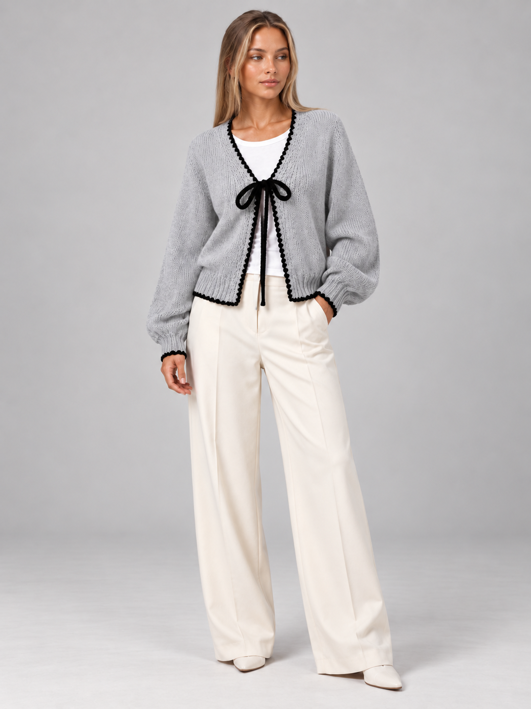 Women's Scalloped Trim Cardigan | Bow Front Contrast Knit