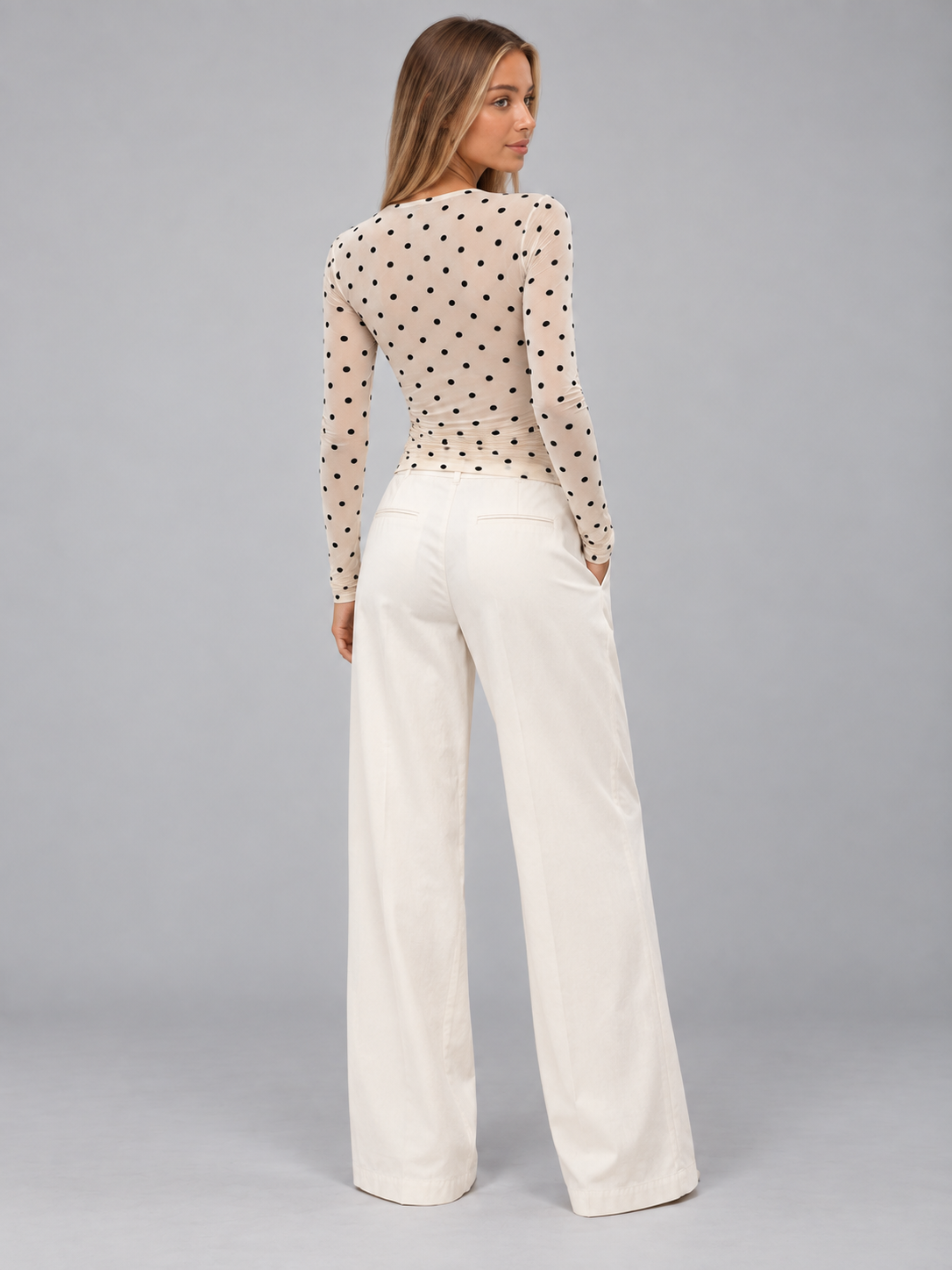 Women's Mesh Polka Dot Top | Slim Fit Long Sleeve Crew Neck