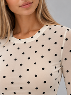 Women's Mesh Polka Dot Top | Slim Fit Long Sleeve Crew Neck