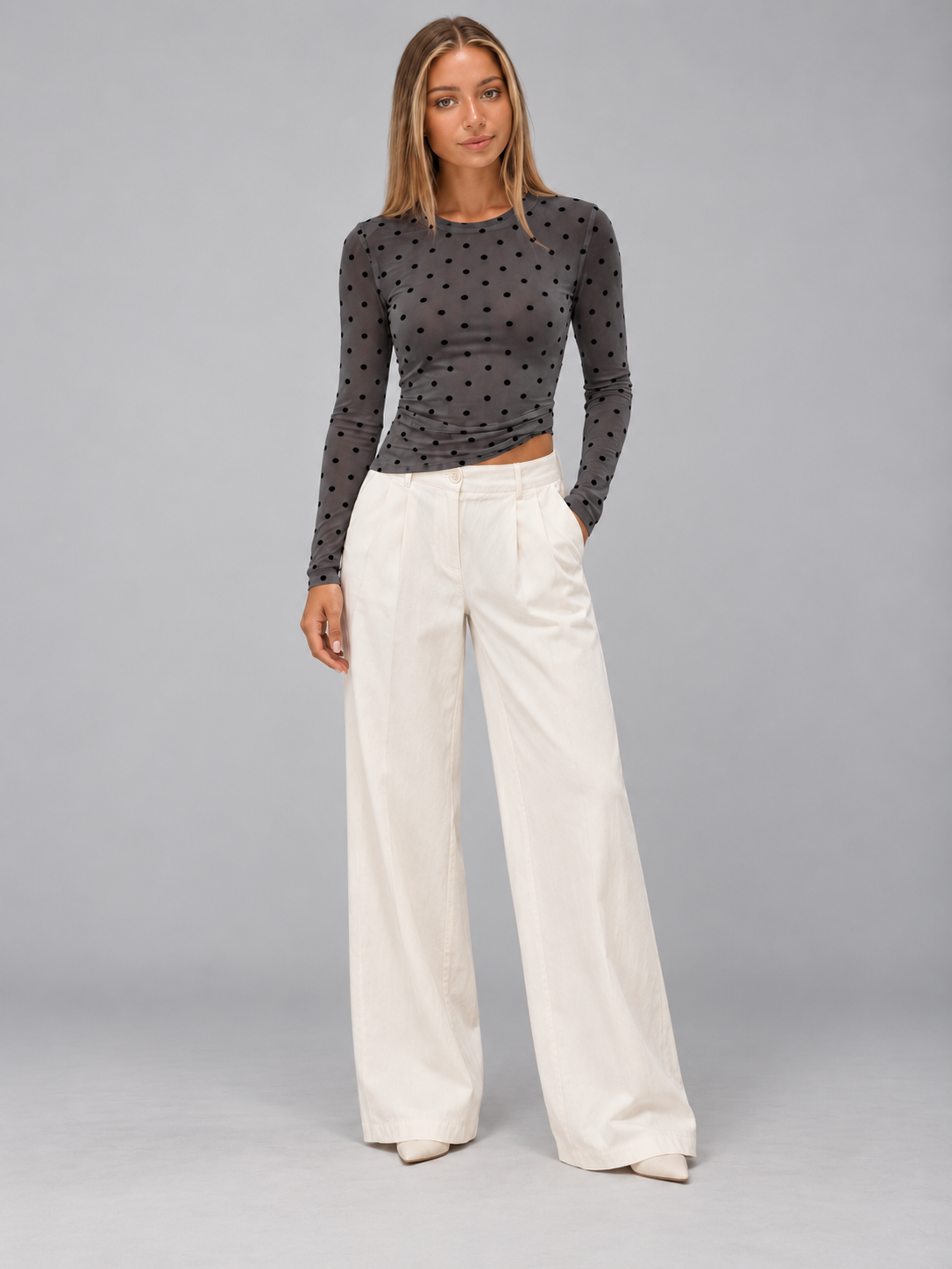 Women's Mesh Polka Dot Top | Slim Fit Long Sleeve Crew Neck