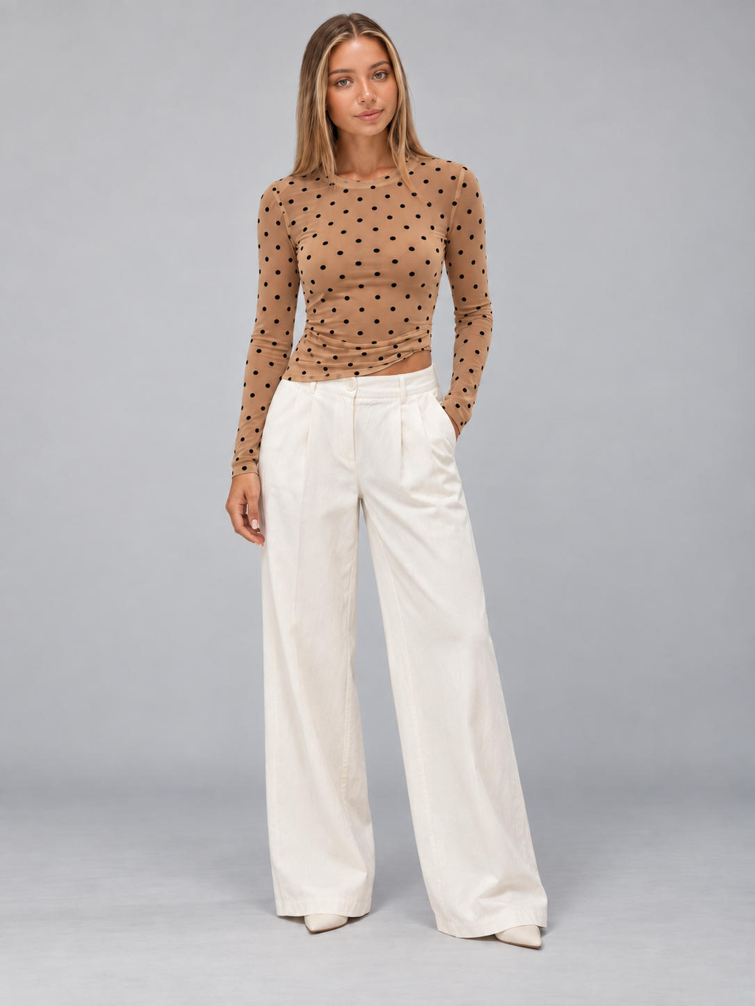 Women's Mesh Polka Dot Top | Slim Fit Long Sleeve Crew Neck